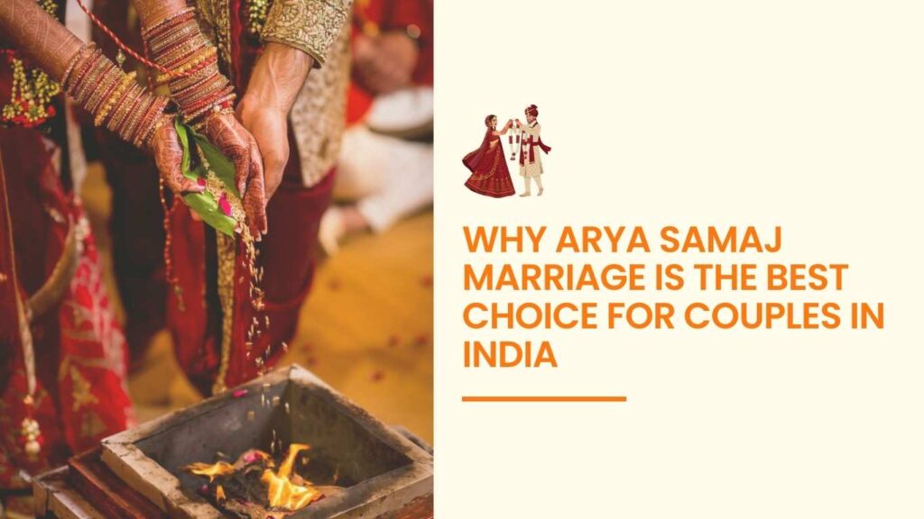 Arya Samaj marriage ceremony with Vedic rituals performed by a couple during a traditional Hindu wedding in India.