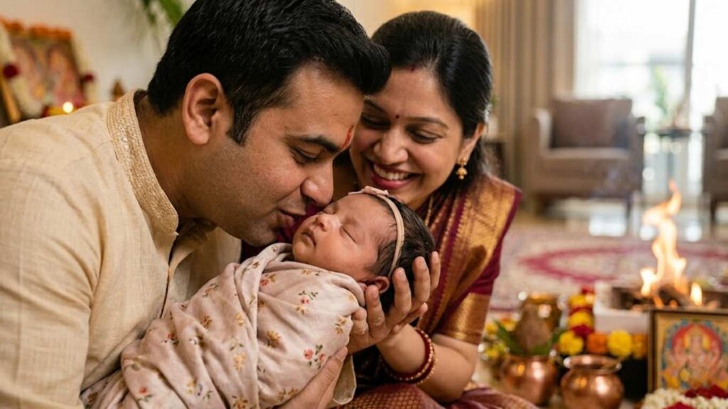 Parents blessing newborn baby during Namkaran Sanskar ceremony in Gurgaon with Vedic rituals and havan in background.