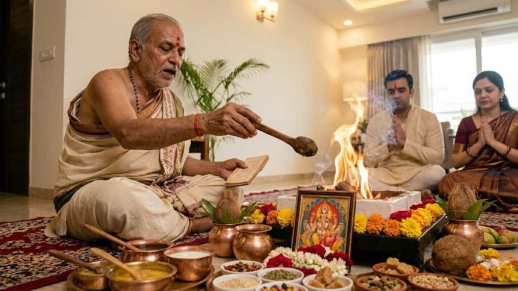 Vedic pandit performing havan ritual for Namkaran Sanskar in Gurgaon with family praying during baby naming ceremony.