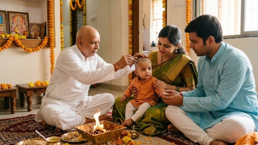 Arya Samaj Pandit for Mundan Sanskar performing baby mundan ritual at home with parents and havan ceremony